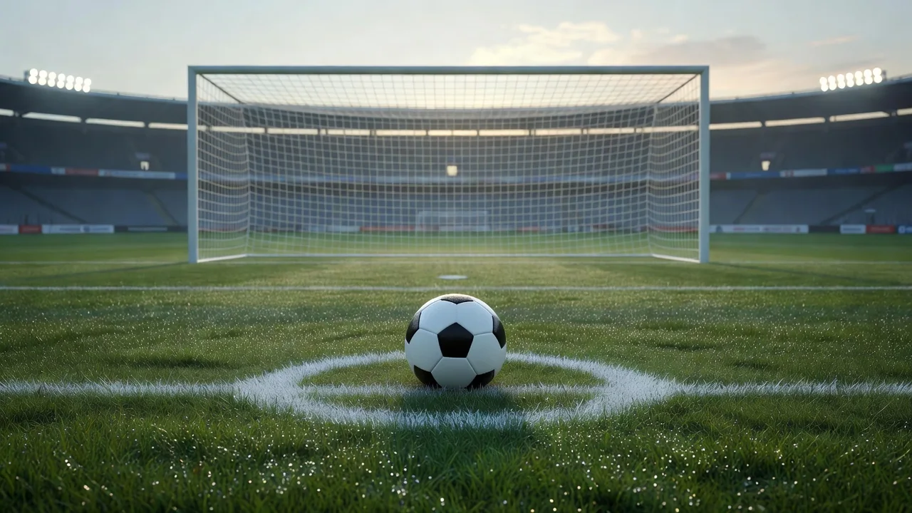 Penalti noktasındaki futbol topu, boş kaleye doğru