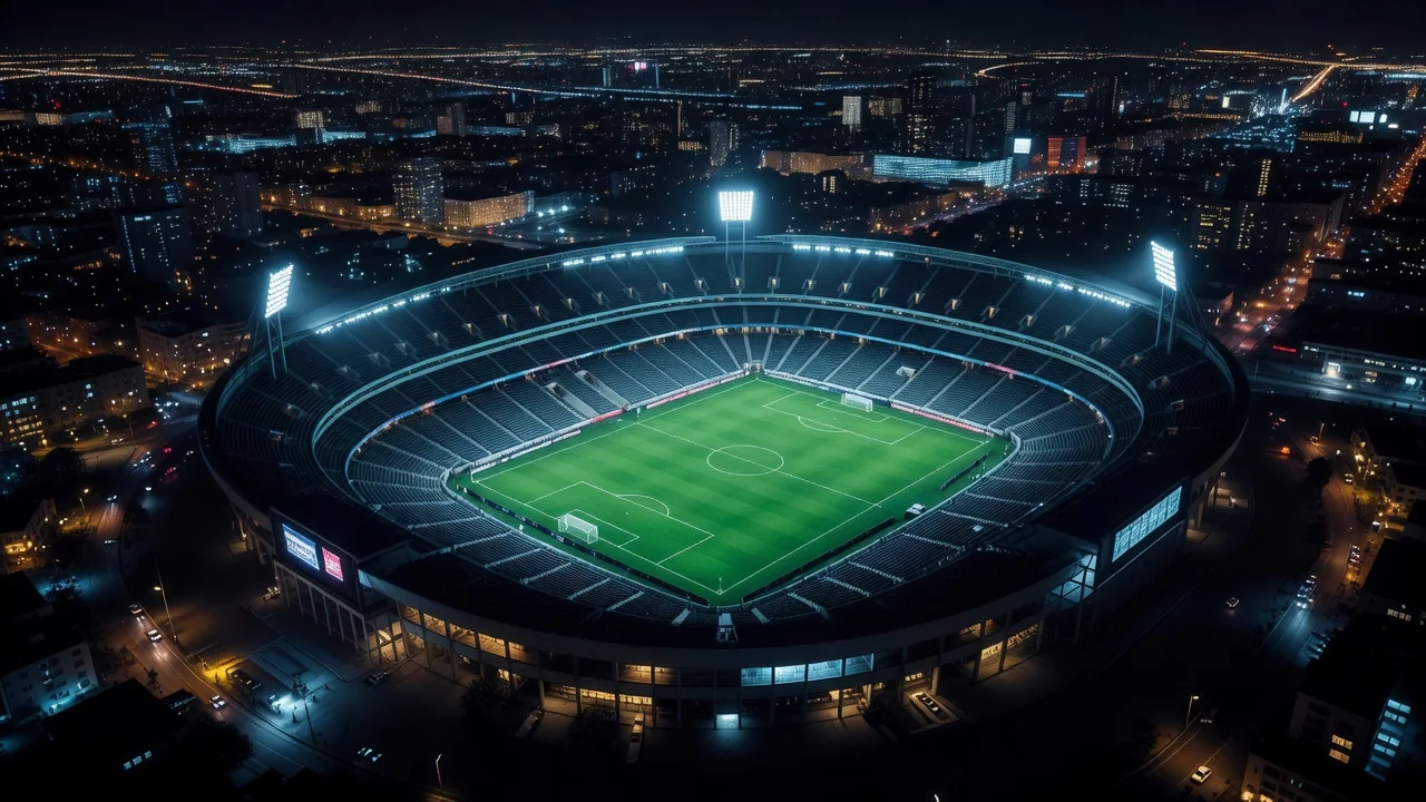 Gece maçı öncesi ışıklandırılmış boş futbol stadyumu